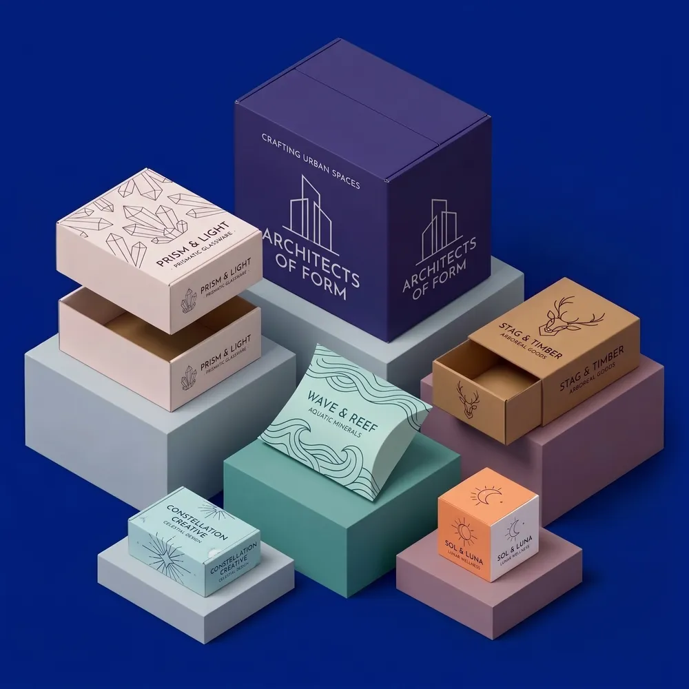 Custom printed mailers, rigid boxes, cartons and a pillow box arranged on navy blocks